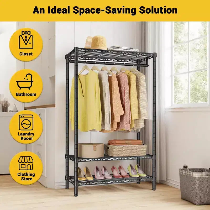 Portant à vêtements, Portant à vêtements robuste avec étagères avec 2 étagères et 1 tringle de suspension, Organisateur de placard portable en métal autoportant