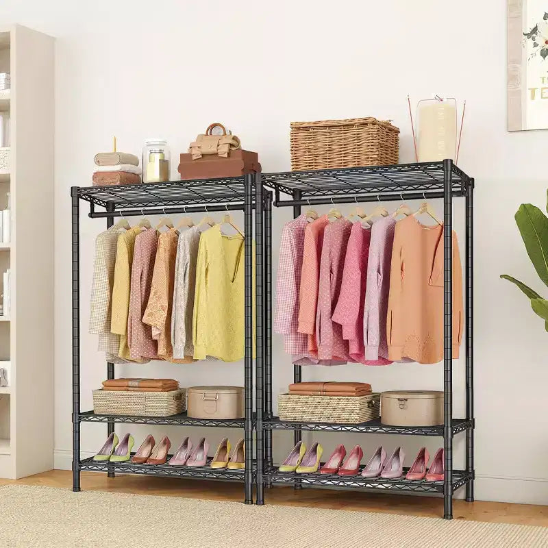 Portant à vêtements, Portant à vêtements robuste avec étagères avec 2 étagères et 1 tringle de suspension, Organisateur de placard portable en métal autoportant