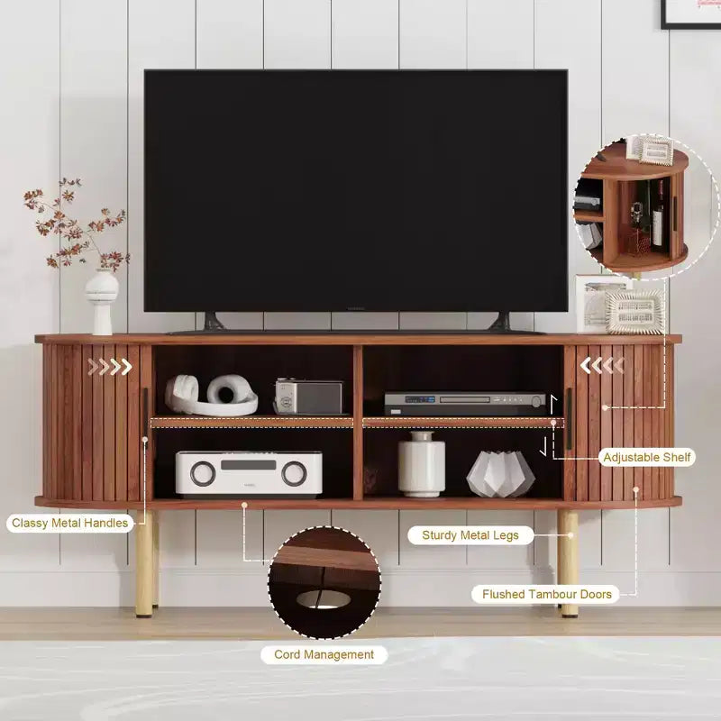 Meuble TV, console TV moderne avec compartiment de rangement et porte coulissante, centre de divertissement de jeu avec armoire pour salon, chambre à coucher