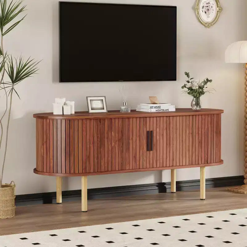 Meuble TV, console TV moderne avec compartiment de rangement et porte coulissante, centre de divertissement de jeu avec armoire pour salon, chambre à coucher