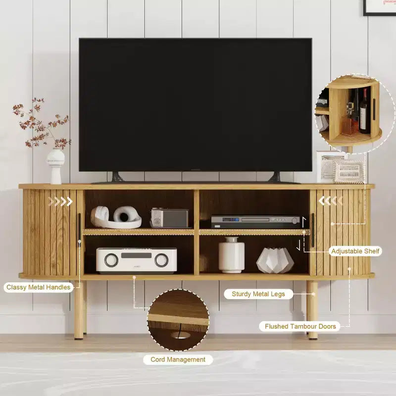 Meuble TV, console TV moderne avec compartiment de rangement et porte coulissante, centre de divertissement de jeu avec armoire pour salon, chambre à coucher