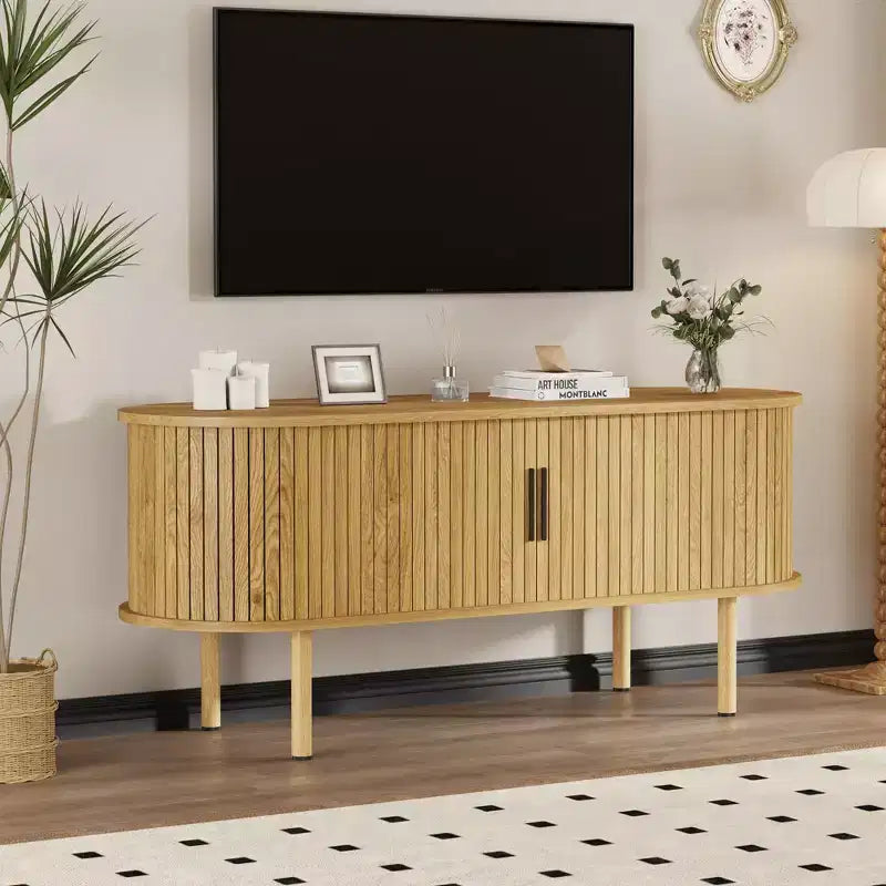 Meuble TV, console TV moderne avec compartiment de rangement et porte coulissante, centre de divertissement de jeu avec armoire pour salon, chambre à coucher