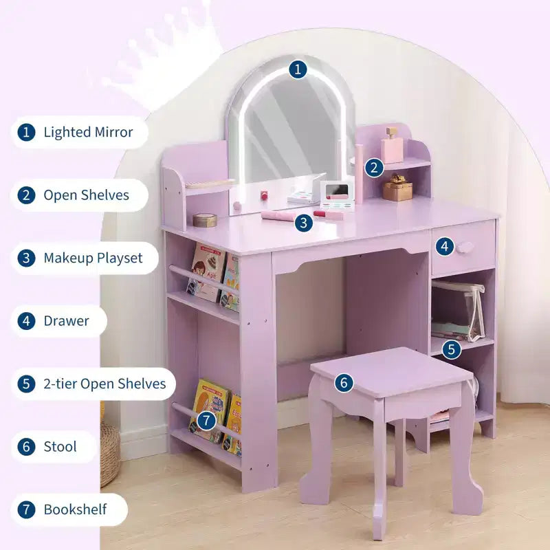 Coiffeuse Enfant avec Miroir Lumineux et Tabouret, Coiffeuse Fille avec Étagère, Tiroir de Rangement