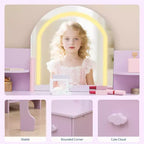 Coiffeuse Enfant avec Miroir Lumineux et Tabouret, Coiffeuse Fille avec Étagère, Tiroir de Rangement