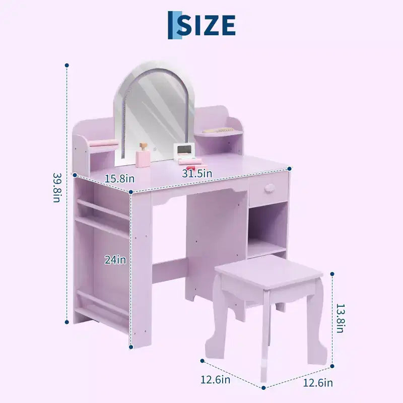 Coiffeuse Enfant avec Miroir Lumineux et Tabouret, Coiffeuse Fille avec Étagère, Tiroir de Rangement