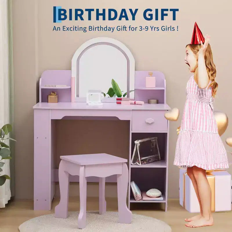 Coiffeuse Enfant avec Miroir Lumineux et Tabouret, Coiffeuse Fille avec Étagère, Tiroir de Rangement