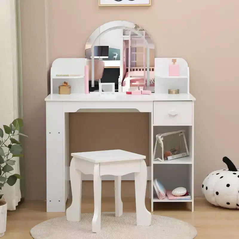 Coiffeuse Enfant avec Miroir Lumineux et Tabouret, Coiffeuse Fille avec Étagère, Tiroir de Rangement