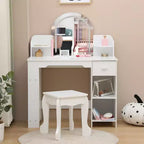 Coiffeuse Enfant avec Miroir Lumineux et Tabouret, Coiffeuse Fille avec Étagère, Tiroir de Rangement
