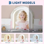 Coiffeuse Enfant avec Miroir Lumineux et Tabouret, Coiffeuse Fille avec Étagère, Tiroir de Rangement