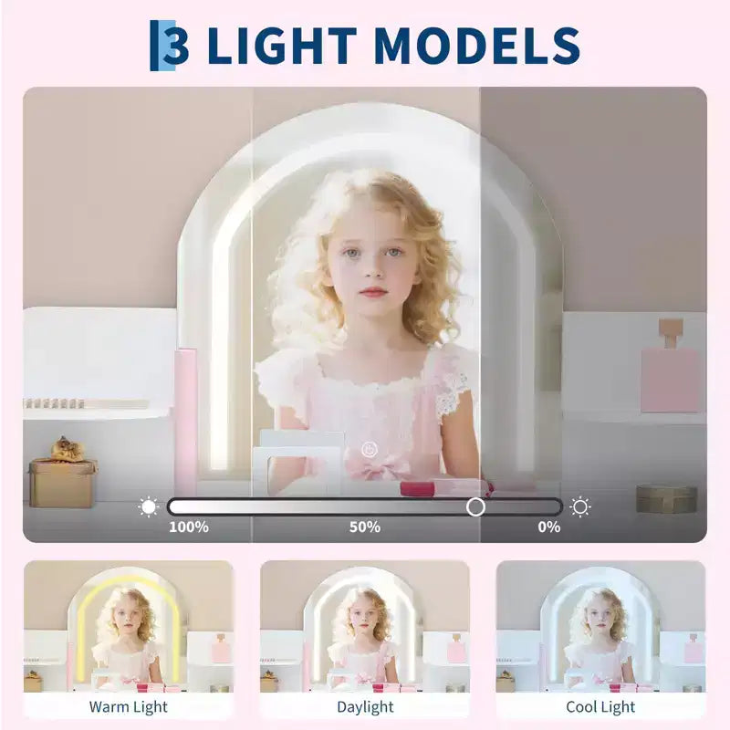 Coiffeuse Enfant avec Miroir Lumineux et Tabouret, Coiffeuse Fille avec Étagère, Tiroir de Rangement