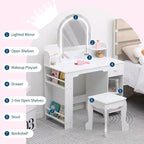 Coiffeuse Enfant avec Miroir Lumineux et Tabouret, Coiffeuse Fille avec Étagère, Tiroir de Rangement