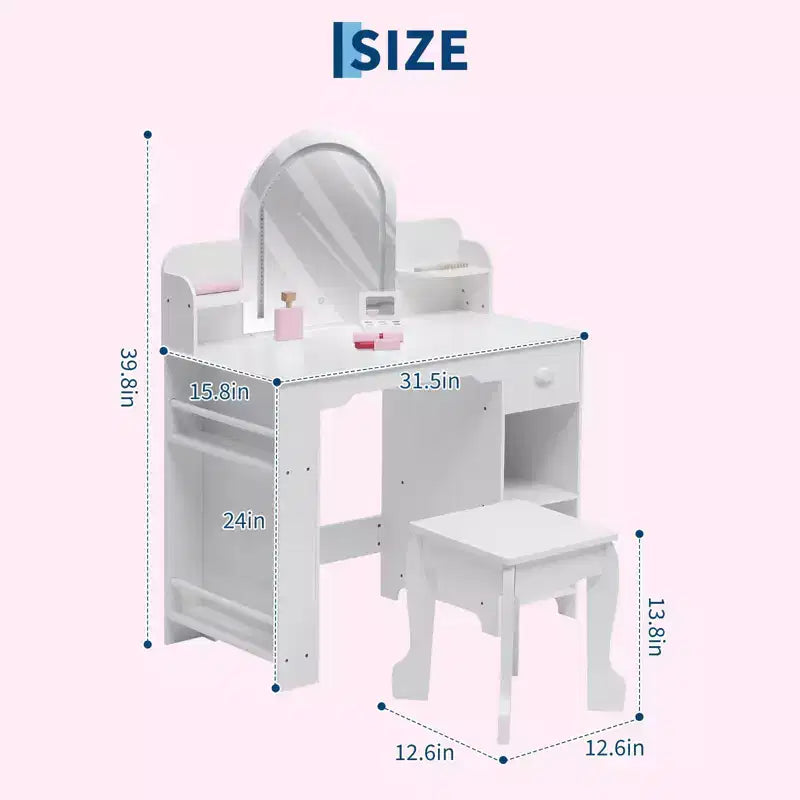 Coiffeuse Enfant avec Miroir Lumineux et Tabouret, Coiffeuse Fille avec Étagère, Tiroir de Rangement