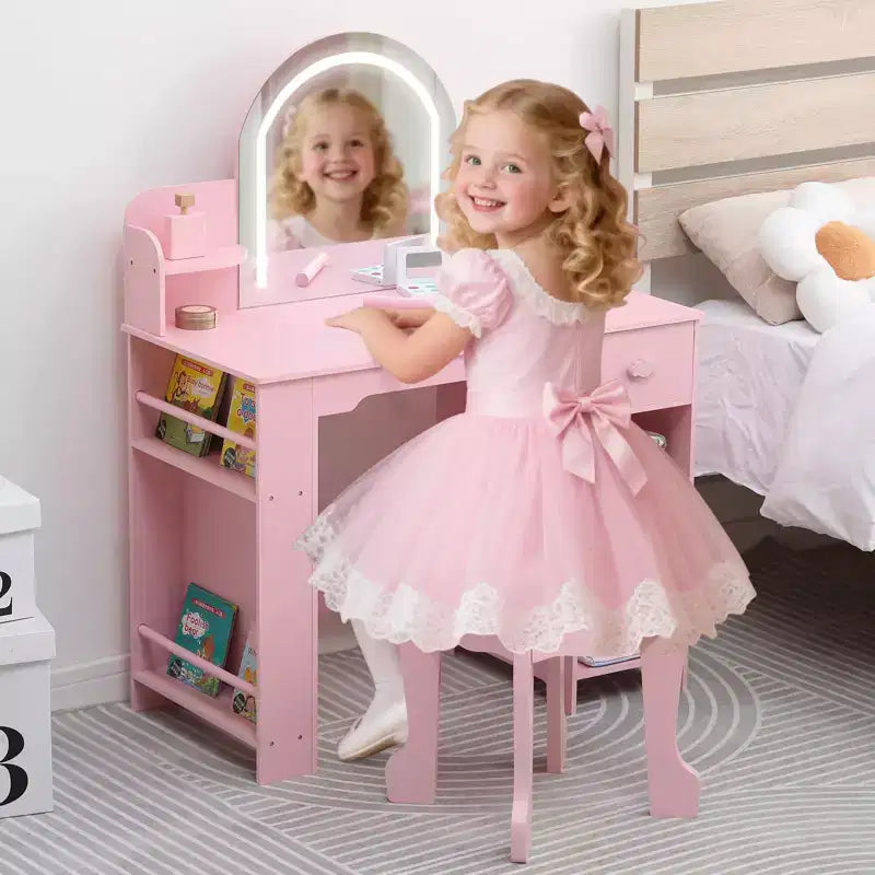 Coiffeuse Enfant avec Miroir Lumineux et Tabouret, Coiffeuse Fille avec Étagère, Tiroir de Rangement