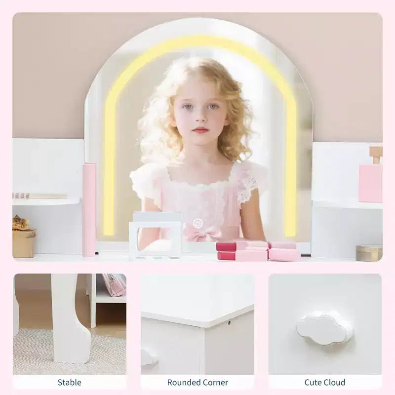 Coiffeuse Enfant avec Miroir Lumineux et Tabouret, Coiffeuse Fille avec Étagère, Tiroir de Rangement