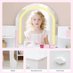 Coiffeuse Enfant avec Miroir Lumineux et Tabouret, Coiffeuse Fille avec Étagère, Tiroir de Rangement