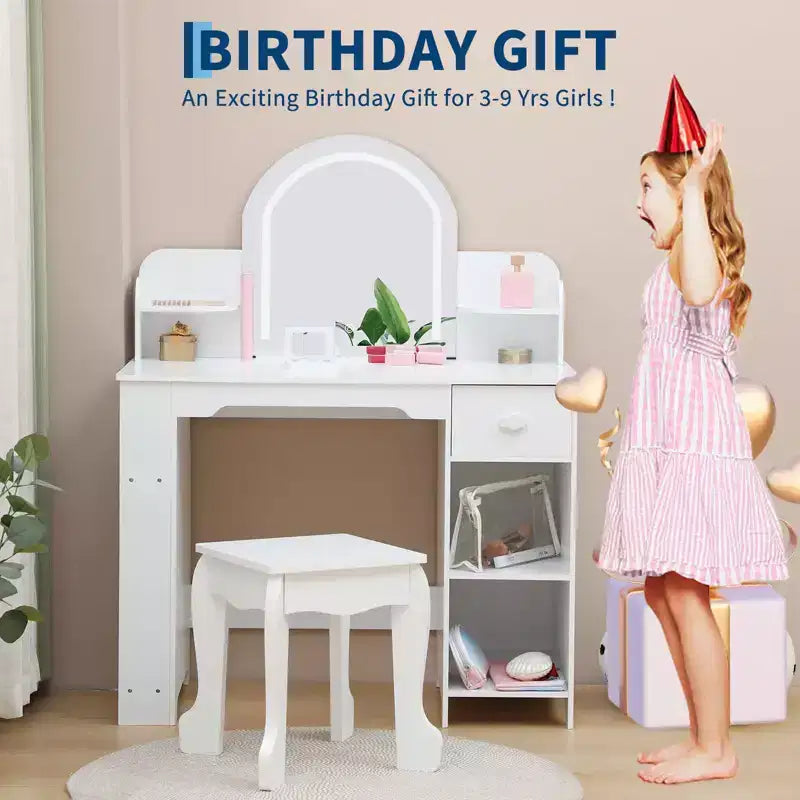 Coiffeuse Enfant avec Miroir Lumineux et Tabouret, Coiffeuse Fille avec Étagère, Tiroir de Rangement