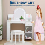 Coiffeuse Enfant avec Miroir Lumineux et Tabouret, Coiffeuse Fille avec Étagère, Tiroir de Rangement
