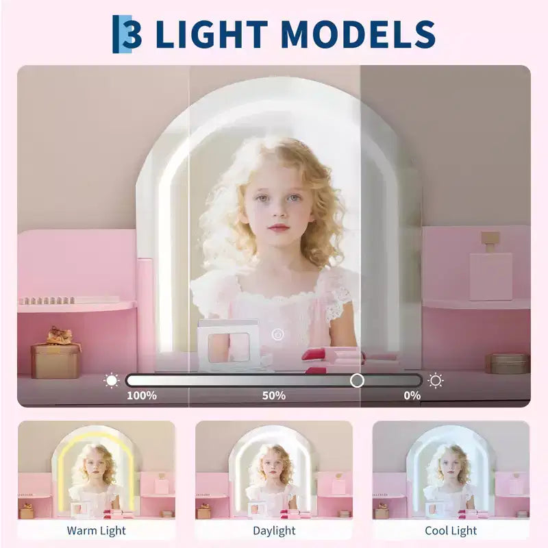 Coiffeuse Enfant avec Miroir Lumineux et Tabouret, Coiffeuse Fille avec Étagère, Tiroir de Rangement