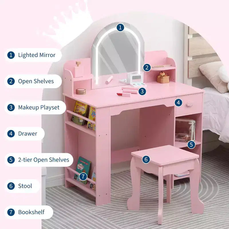 Coiffeuse Enfant avec Miroir Lumineux et Tabouret, Coiffeuse Fille avec Étagère, Tiroir de Rangement
