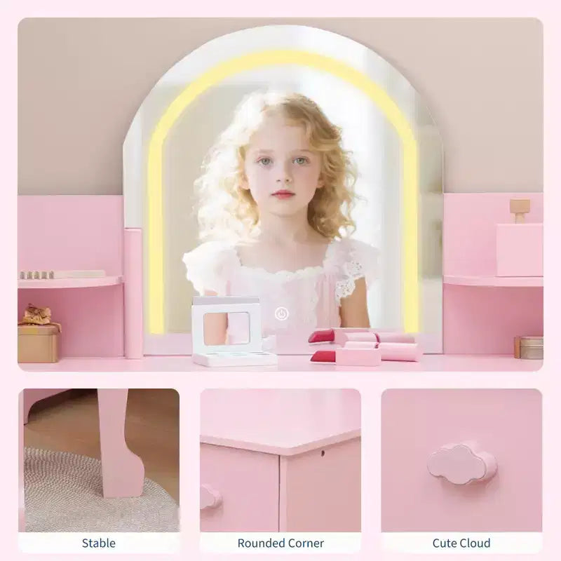 Coiffeuse Enfant avec Miroir Lumineux et Tabouret, Coiffeuse Fille avec Étagère, Tiroir de Rangement