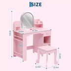 Coiffeuse Enfant avec Miroir Lumineux et Tabouret, Coiffeuse Fille avec Étagère, Tiroir de Rangement
