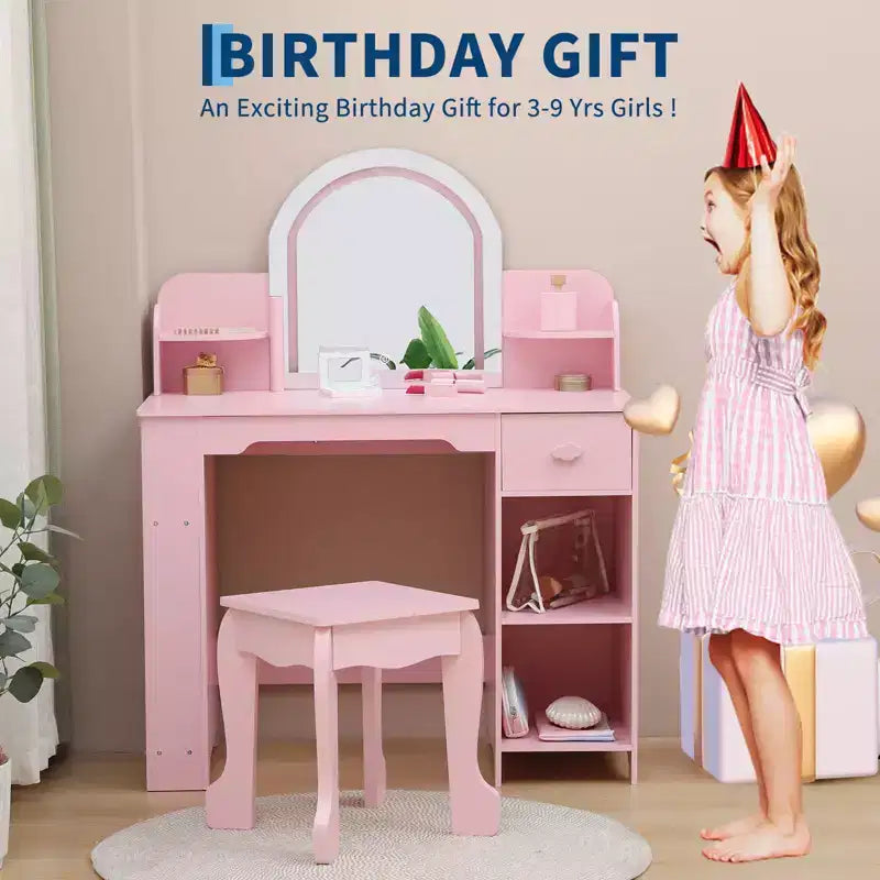Coiffeuse Enfant avec Miroir Lumineux et Tabouret, Coiffeuse Fille avec Étagère, Tiroir de Rangement