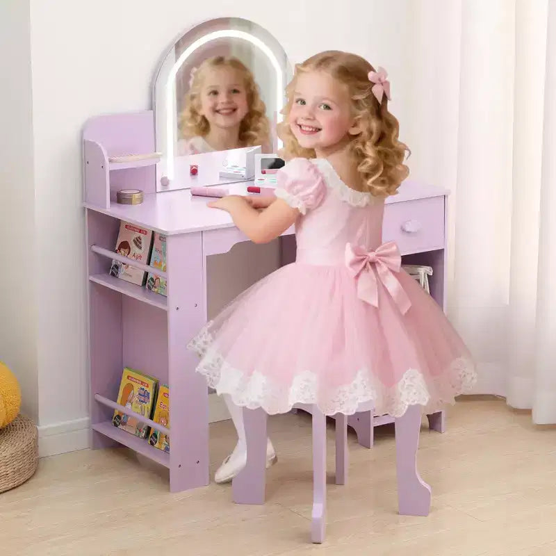 Coiffeuse Enfant avec Miroir Lumineux et Tabouret, Coiffeuse Fille avec Étagère, Tiroir de Rangement