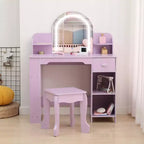 Coiffeuse Enfant avec Miroir Lumineux et Tabouret, Coiffeuse Fille avec Étagère, Tiroir de Rangement