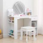 Coiffeuse Enfant avec Miroir Lumineux et Tabouret, Coiffeuse Fille avec Étagère, Tiroir de Rangement