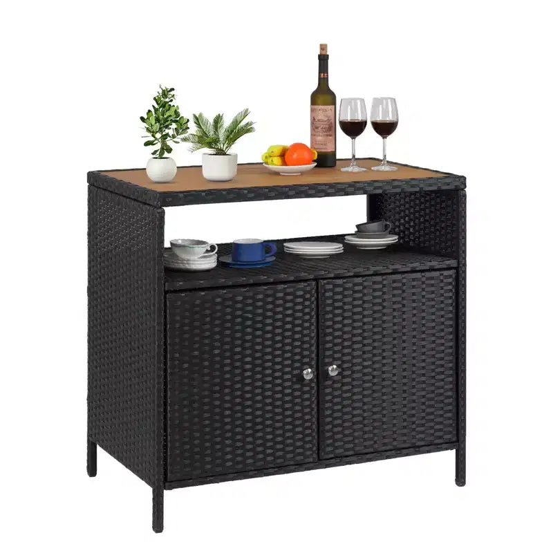 Armoire de rangement extérieure avec portes - Boîte de rangement et table de bar en rotin résistante aux intempéries