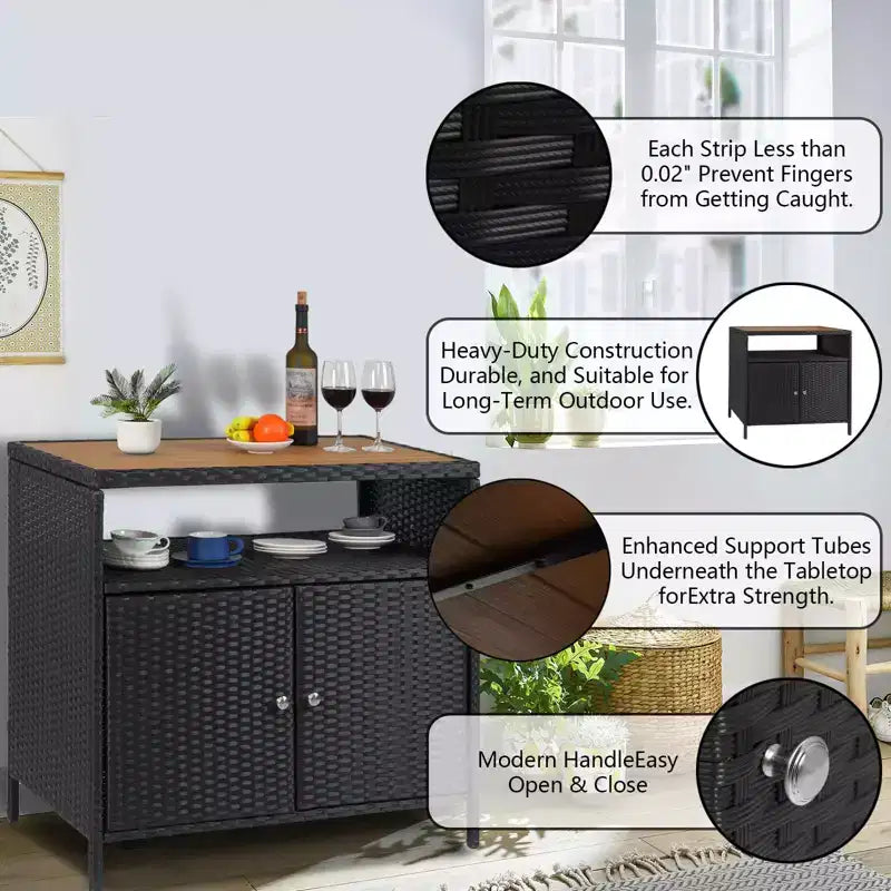Armoire de rangement extérieure avec portes - Boîte de rangement et table de bar en rotin résistante aux intempéries
