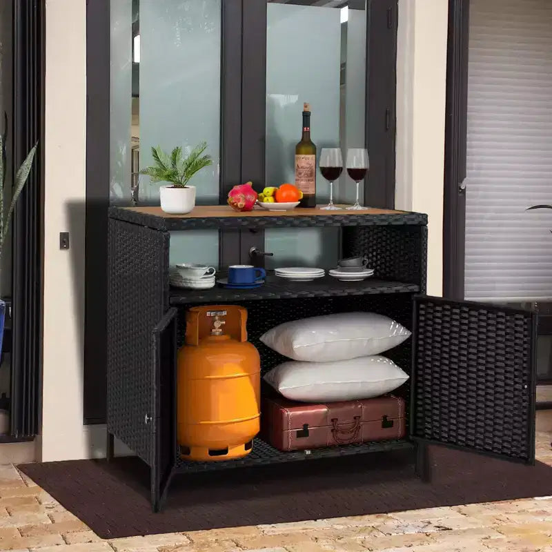 Armoire de rangement extérieure avec portes - Boîte de rangement et table de bar en rotin résistante aux intempéries