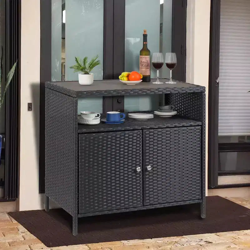 Armoire de rangement extérieure avec portes - Boîte de rangement et table de bar en rotin résistante aux intempéries