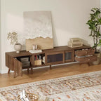 Meuble TV ModernLuxe pour téléviseurs jusqu'à 85 pouces, meuble de divertissement avec armoires de rangement et portes vitrées, console multimédia, naturel