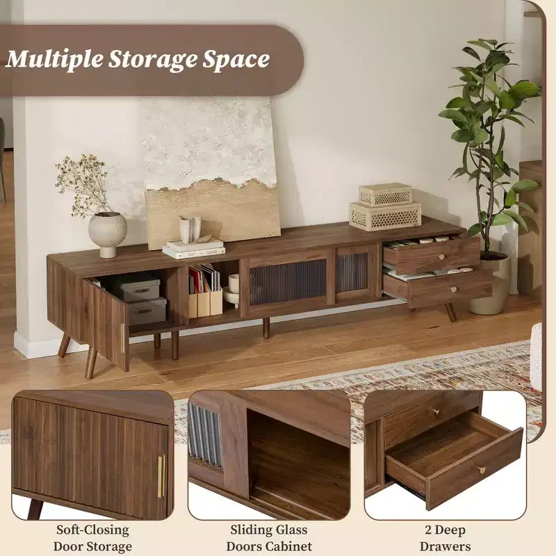 Meuble TV ModernLuxe pour téléviseurs jusqu'à 85 pouces, meuble de divertissement avec armoires de rangement et portes vitrées, console multimédia, naturel