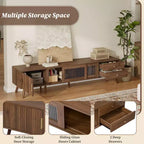 Meuble TV ModernLuxe pour téléviseurs jusqu'à 85 pouces, meuble de divertissement avec armoires de rangement et portes vitrées, console multimédia, naturel