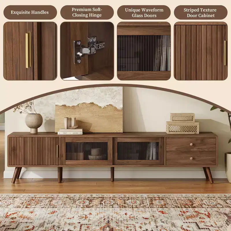 Meuble TV ModernLuxe pour téléviseurs jusqu'à 85 pouces, meuble de divertissement avec armoires de rangement et portes vitrées, console multimédia, naturel
