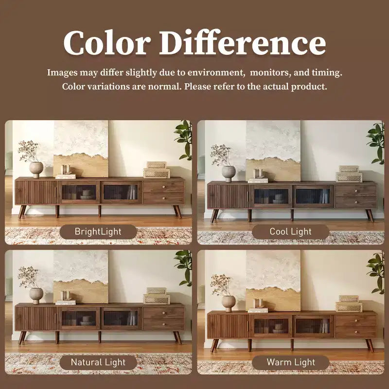 Meuble TV ModernLuxe pour téléviseurs jusqu'à 85 pouces, meuble de divertissement avec armoires de rangement et portes vitrées, console multimédia, naturel