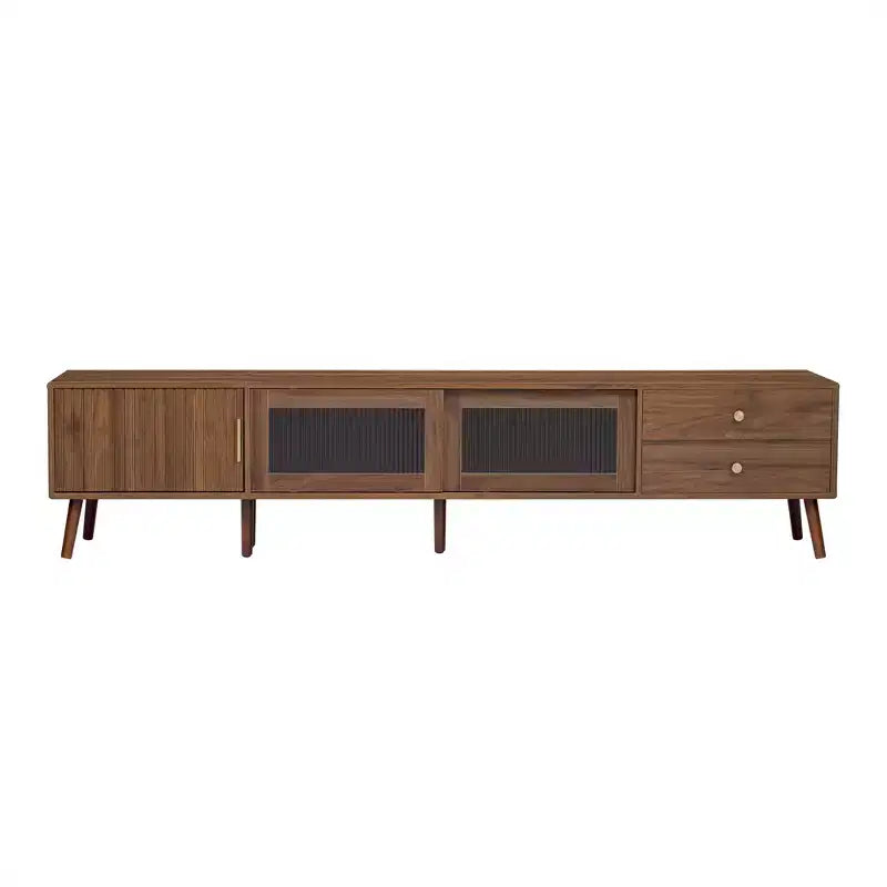 Meuble TV ModernLuxe pour téléviseurs jusqu'à 85 pouces, meuble de divertissement avec armoires de rangement et portes vitrées, console multimédia, naturel