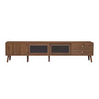 Meuble TV ModernLuxe pour téléviseurs jusqu'à 85 pouces, meuble de divertissement avec armoires de rangement et portes vitrées, console multimédia, naturel
