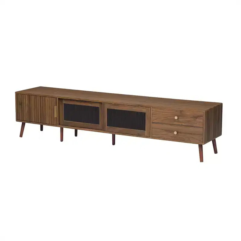Meuble TV ModernLuxe pour téléviseurs jusqu'à 85 pouces, meuble de divertissement avec armoires de rangement et portes vitrées, console multimédia, naturel