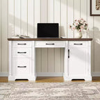 Famapy White and Brown Wooden Writing Desk Office Desk Computer Desk with Drawers - Home Office Workstation