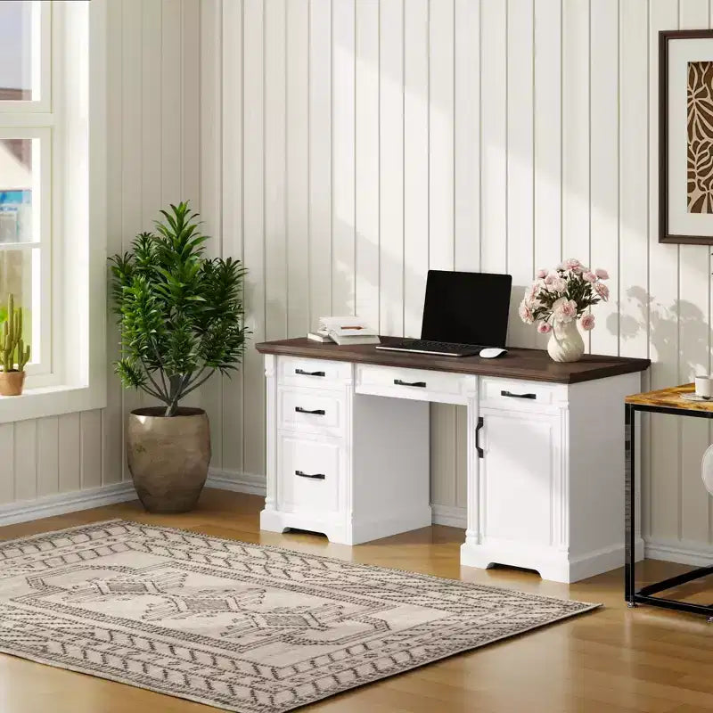 Bureau d'écriture en bois blanc et marron Famapy, bureau d'ordinateur avec tiroirs - Poste de travail pour bureau à domicile