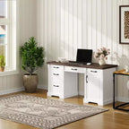 Bureau d'écriture en bois blanc et marron Famapy, bureau d'ordinateur avec tiroirs - Poste de travail pour bureau à domicile