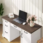 Bureau d'écriture en bois blanc et marron Famapy, bureau d'ordinateur avec tiroirs - Poste de travail pour bureau à domicile