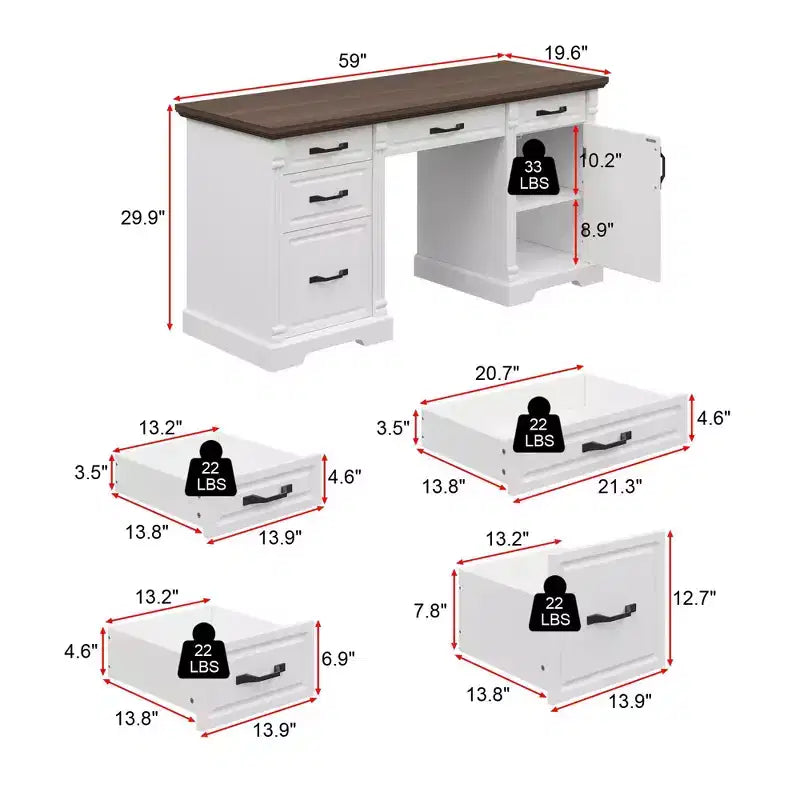 Bureau d'écriture en bois blanc et marron Famapy, bureau d'ordinateur avec tiroirs - Poste de travail pour bureau à domicile