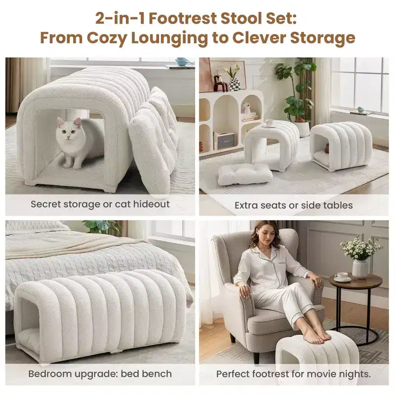 Hyleory Tabouret repose-pieds facilement connectable, adapté aux animaux de compagnie - Banc de lit et tunnel de jeu 2 en 1 avec 2 coussins amovibles