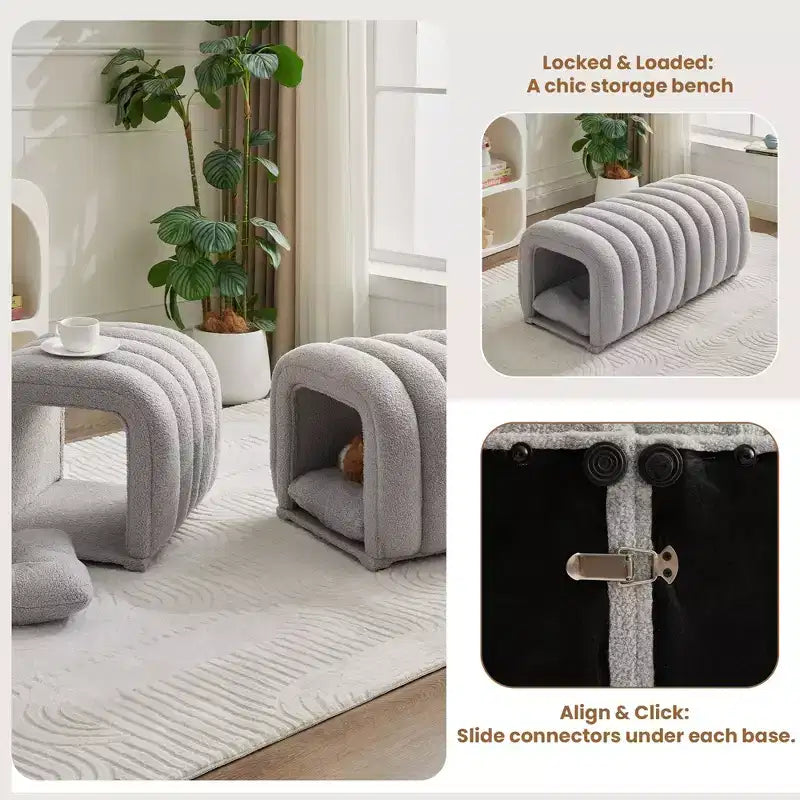 Hyleory Tabouret repose-pieds facilement connectable, adapté aux animaux de compagnie - Banc de lit et tunnel de jeu 2 en 1 avec 2 coussins amovibles