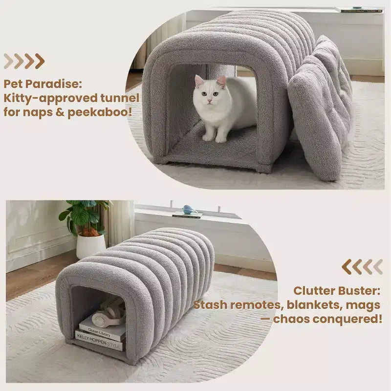 Hyleory Tabouret repose-pieds facilement connectable, adapté aux animaux de compagnie - Banc de lit et tunnel de jeu 2 en 1 avec 2 coussins amovibles