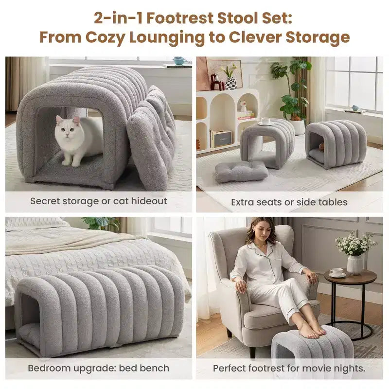 Hyleory Tabouret repose-pieds facilement connectable, adapté aux animaux de compagnie - Banc de lit et tunnel de jeu 2 en 1 avec 2 coussins amovibles